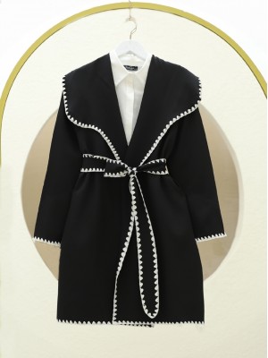 Embroidered Belted Baby Collar Kimono -Black