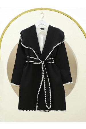 Kenarı Nakışlı Kemerli Bebe Yaka Kimono -Siyah