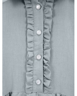 Half Buttoned Linen Suit with Ruffle Front -Grey