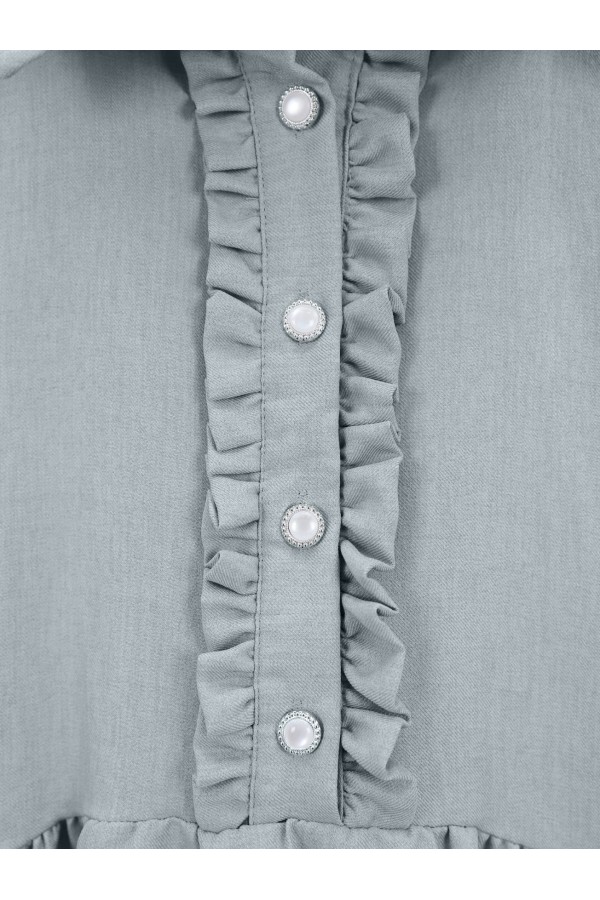 Half Buttoned Linen Suit with Ruffle Front -Grey