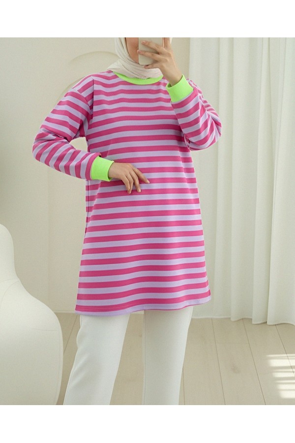 Colorful Striped Round Neck Sweater -Fuchsia