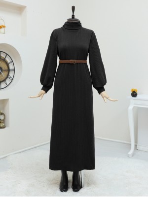 Turtleneck Belted Lycra Dress -Black