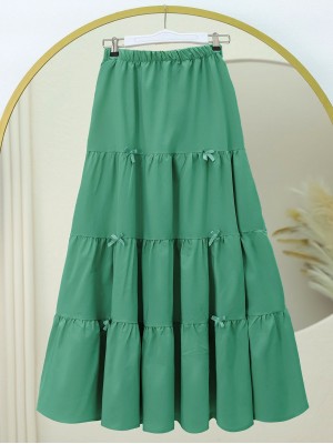Kurdele Detaylı Parçalı Beli Lastikli Etek -Yeşil