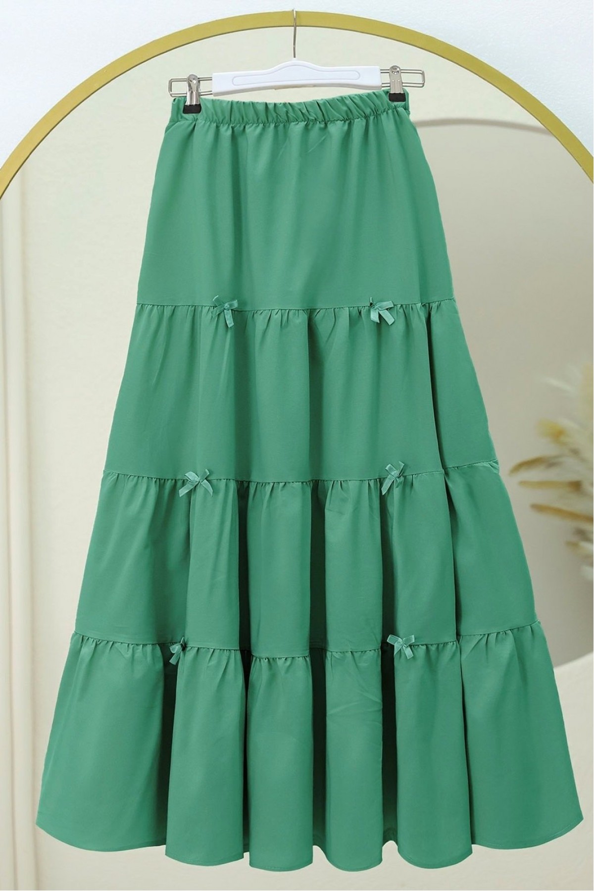 Ribbon Detailed Elastic Waist Skirt -Green