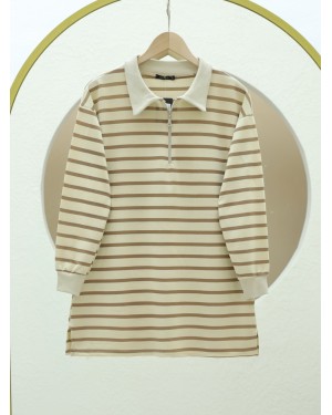 Polo Collar Striped Slit Tunic -Light coffee