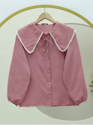 Bebe Yaka Dantelli Kolu Lastikli Gömlek -Pudra