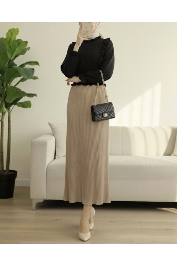 Pleated Pencil Skirt with Elastic Waist -Mink color