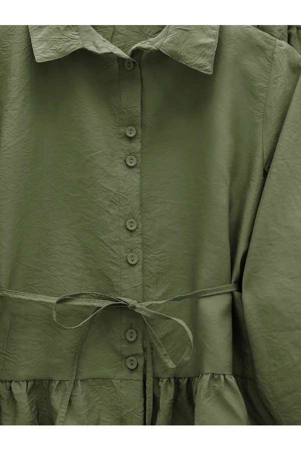 Two Piece Suit with Frilled Skirt and Belt -Khaki