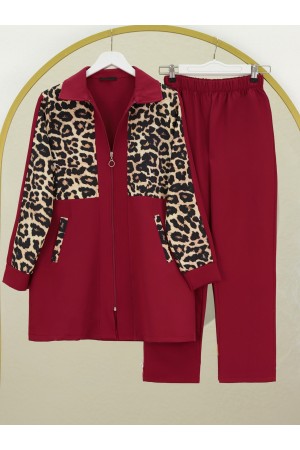 Gömlek Yaka Boydan Fermuarlı Pantolonlu Takım  -Bordo