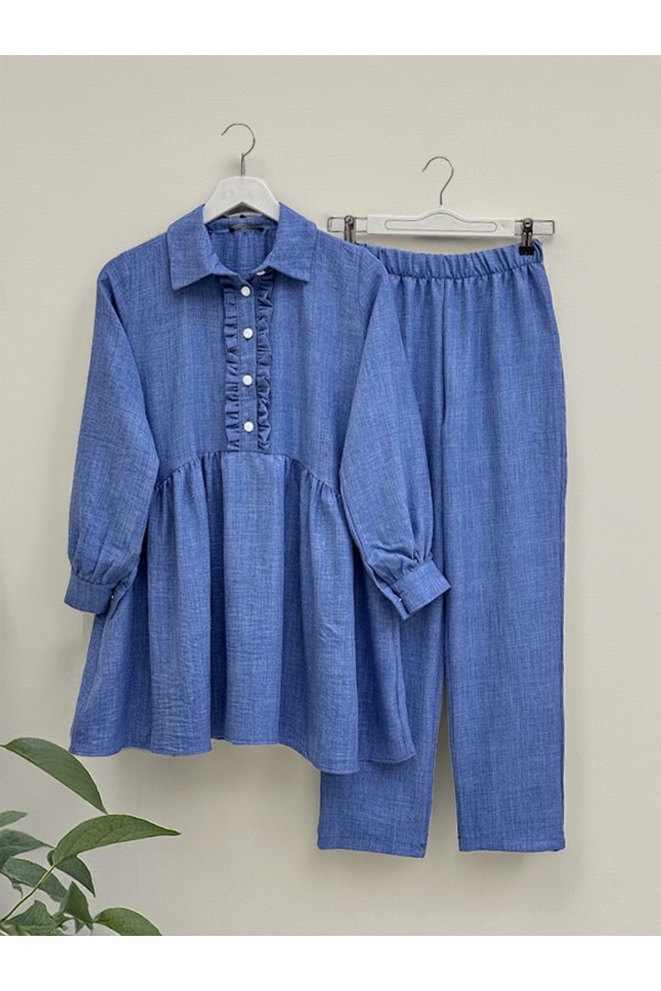 Half Buttoned Linen Suit with Ruffle Front -İndigo