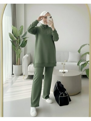 Yarım Fermuarlı Boğazlı Penye Takım -Haki