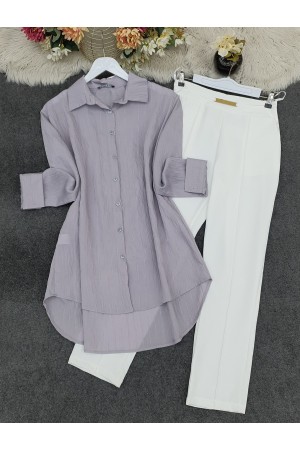 قميص منقوش بأزرار طويلة في الخلف -اللون الرمادي