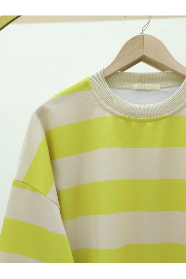 Round Neck Thick Striped Oversize Sweat -Oil Green
