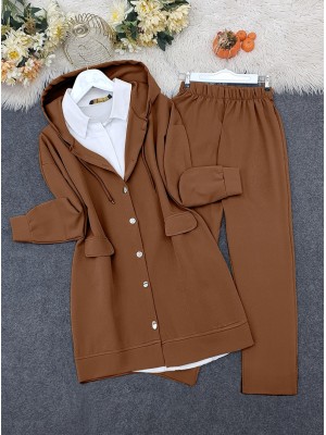 Kapşonlu Kapaklı Cepli Pantolonlu Takım   -Taba