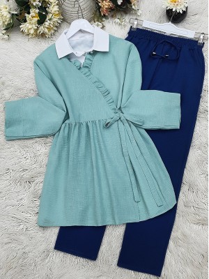 Linen Kimono with Side Double Laced Ruffle Collar -Mint Color