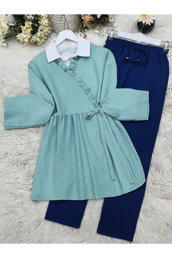Linen Kimono with Side Double Laced Ruffle Collar -Mint Color