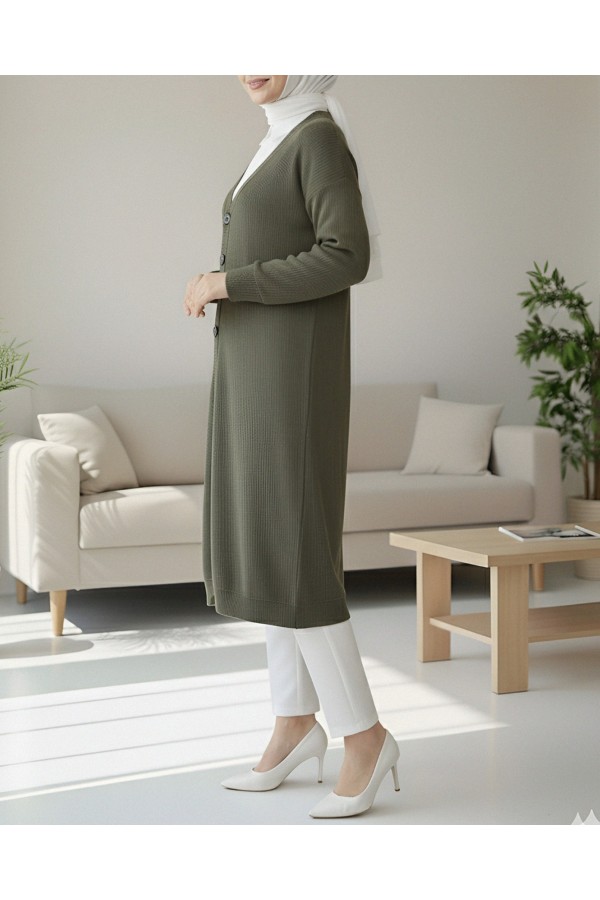 Corduroy Fabric Buttoned Long Cardigan -Khaki
