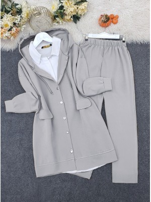 Kapşonlu Kapaklı Cepli Pantolonlu Takım    -Gri