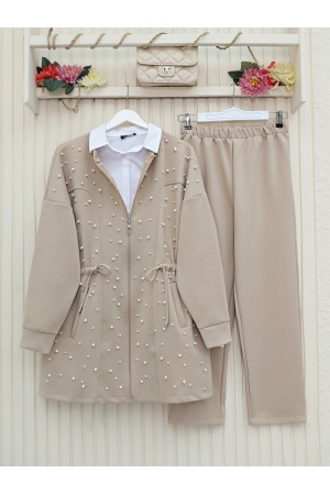 Serpme İncili Tünel Bağcıklı Scuba Takım -Bej