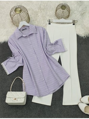 Kolu Dantelli Bağcıklı Çizgili Gömlek -Lila