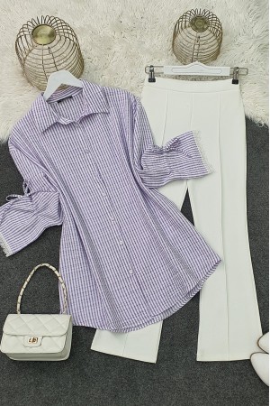 Laced Sleeve Striped Shirt -Lilac