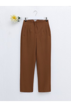 Pleated Zipper Slim Leg Trousers -Brown