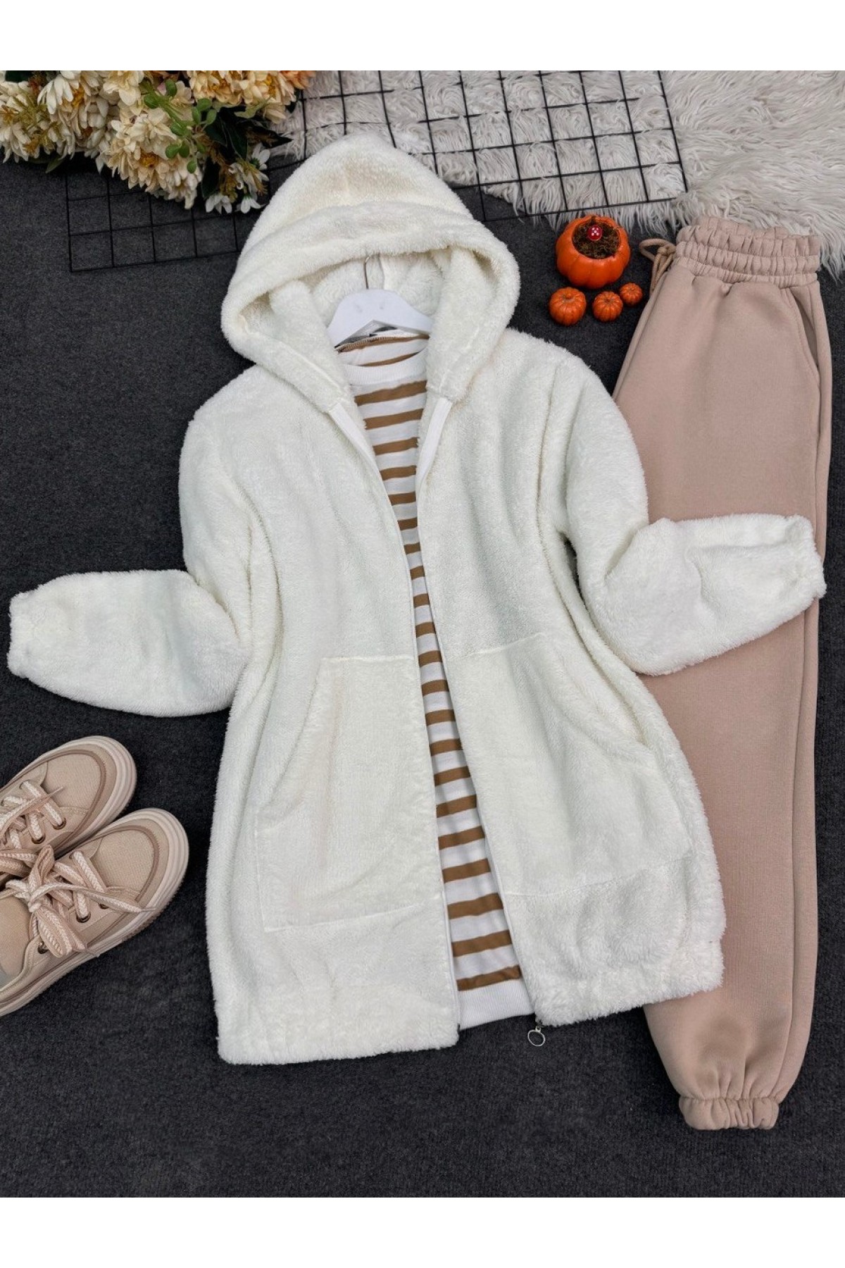 Kangaroo Pocket Hooded Plush Coat -Ecru