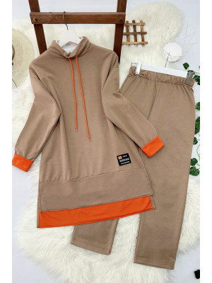 Turuncu Detaylı İki İp Penye İkili Takım -Vizon