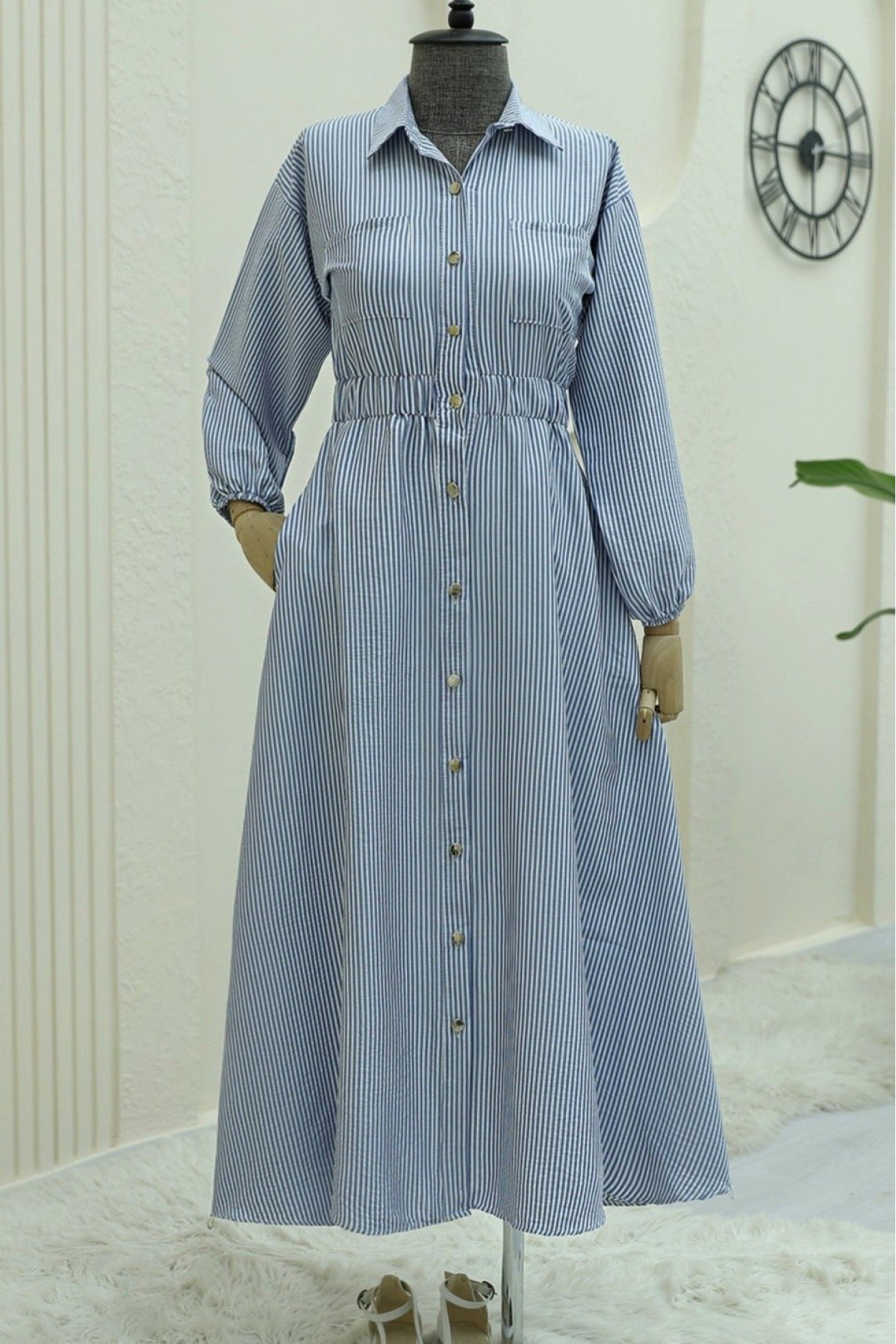 Striped Dress with Elastic Waist and Buttons -Navy blue