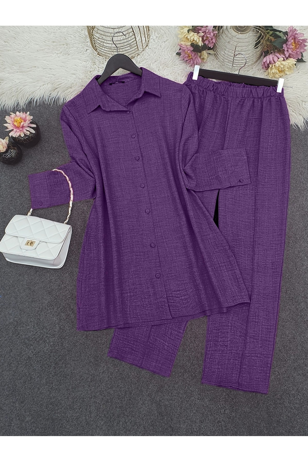 Top Button Shirt and Trousers Set   -Dark purple