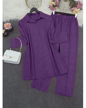 Top Düğme Gömlek Pantolonlu Takım   -Koyu Mor