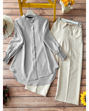 Kol Manşeti Drapeli Oval Kesim Gömlek  -Gri