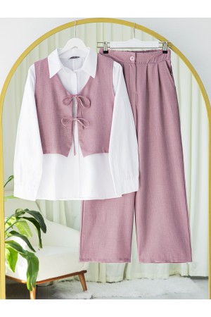 Önü Bağcıklı Pantolon Yelek İkili Keten Takım -Pudra