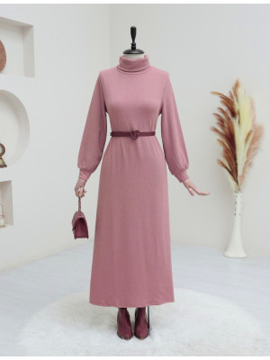 Turtleneck Corduroy Dress  -Pink