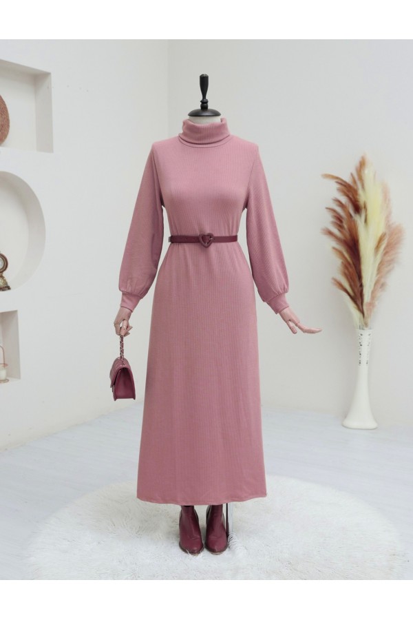 Boğazlı Fitilli Elbise  -Pembe
