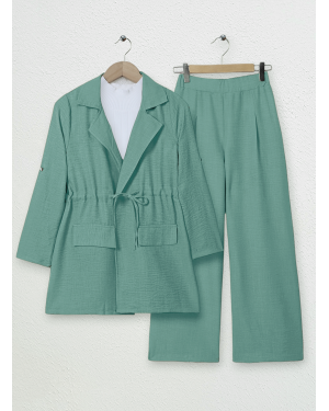 Kapaklı Tünel Köprülü Ceketli Keten Takım   -Mint