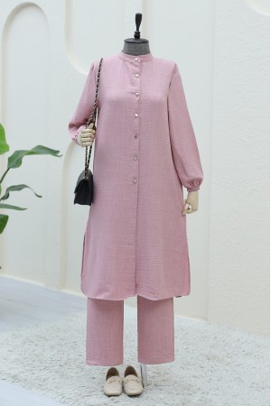 Metal Düğmeli Kolu Lastikli Pantolonlu  Takım  -Pudra