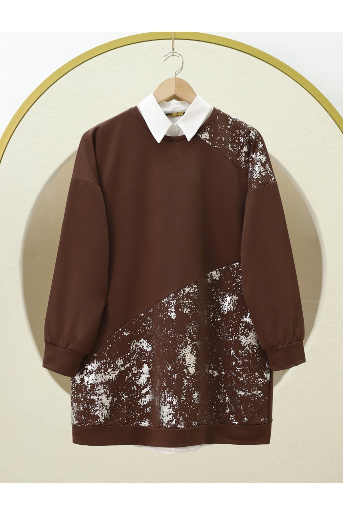 Silver Printed Pieced Crew Neck Tunic -Brown
