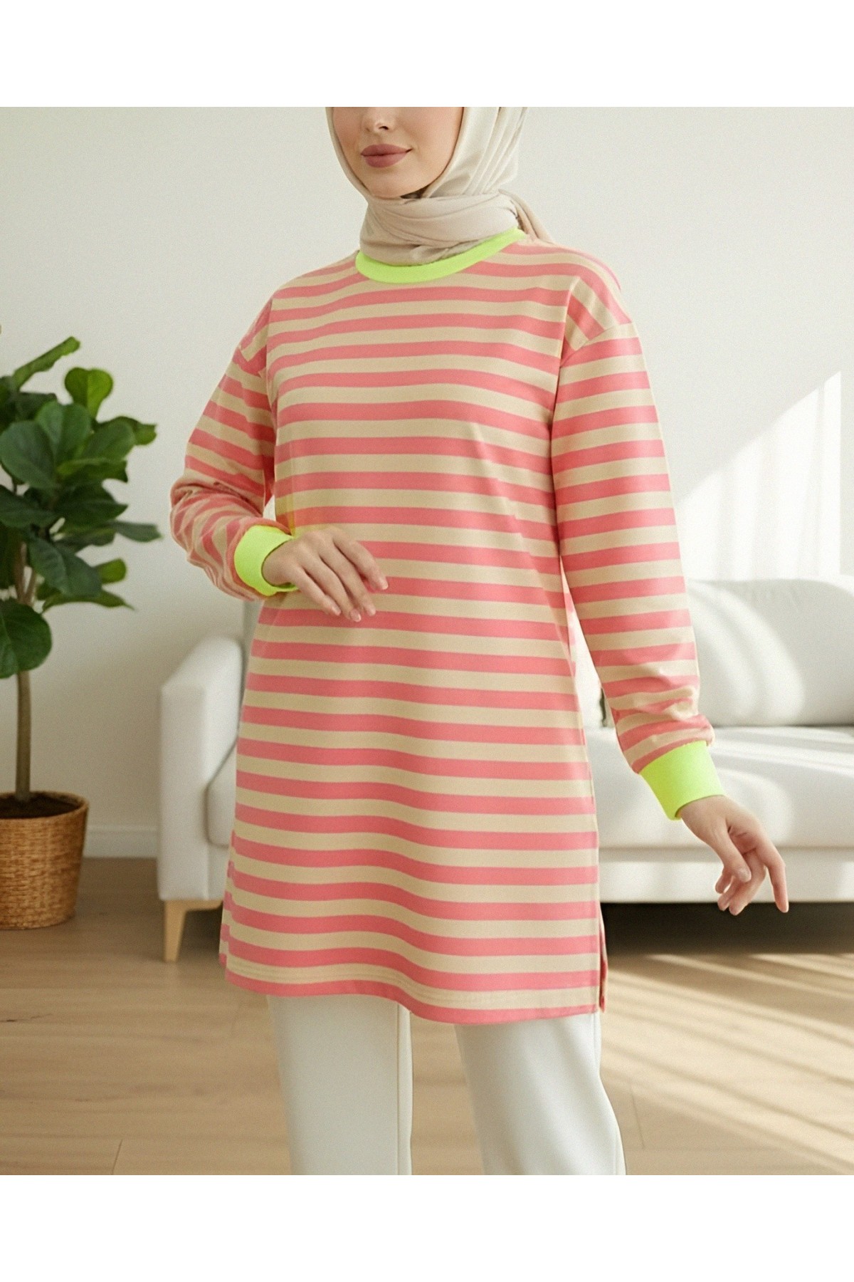 Colorful Striped Round Neck Sweater  -Orange