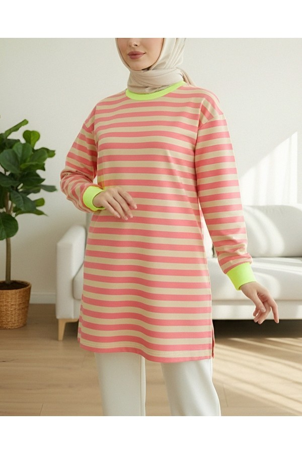 Colorful Striped Round Neck Sweater  -Orange