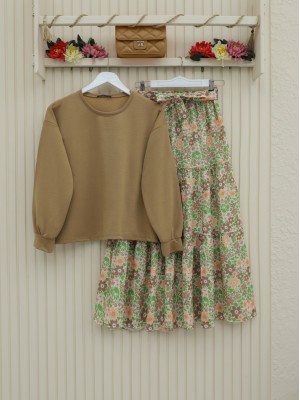 Çiçek Desenli Kemerli İkili Takım -Vizon