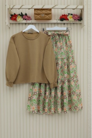 Çiçek Desenli Kemerli İkili Takım -Vizon