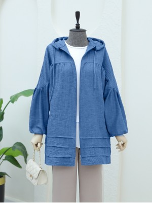 Robadan Piliseli Çift Cepli Kapşonlu Kap -İndigo