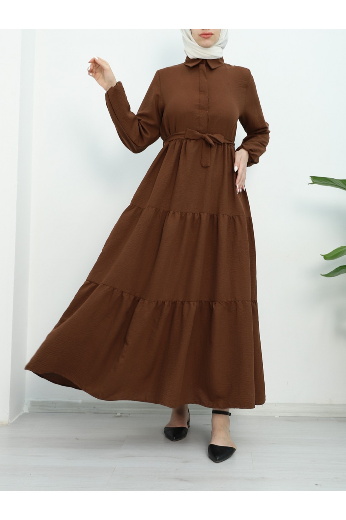 Half Buttoned Dress with Elastic Sleeves and Tie Waist  -Dark Coffee