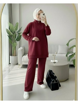 Yarım Fermuarlı Boğazlı Penye Takım -Bordo