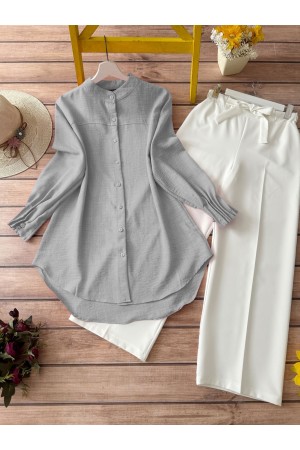 Kol Manşeti Drapeli Oval Kesim Gömlek         -Açık Gri