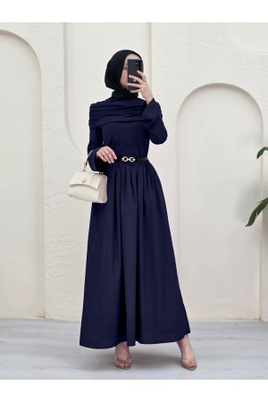 تنورة بوبلين وفستان سيندي المطوي المكون من قطعتين -كحلي