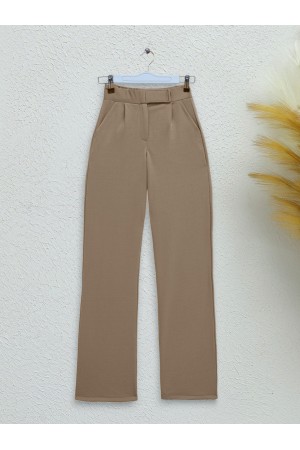 Beli Cırtlı Likralı Pantolon -Vizon