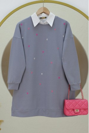 Bisiklet Yaka Kalp İşlemeli Yırtmaçlı Tunik -Gri