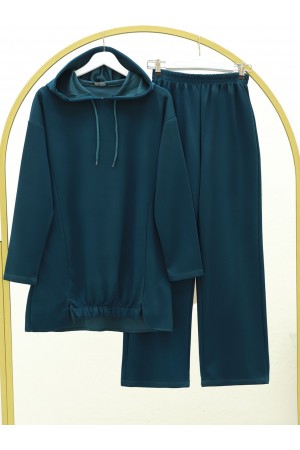 Etek Ucu Lastik Detaylı Osyho Kumaş Kapşonlu Takım -Petrol